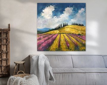 Wijngaardlandschap | Sunset Lavender Fields van Abstract Schilderij
