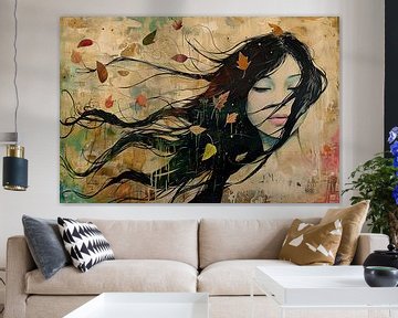 Herfstvrouw | Fallen Leaves, Whispered Secrets van Abstract Schilderij