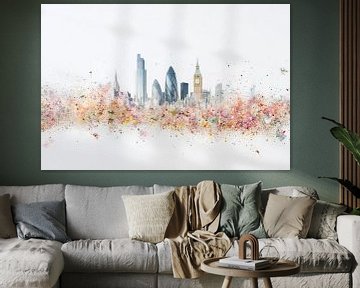 Minimalistisch kunstwerk: londen skyline met pastel bloemenexplosie van Thea