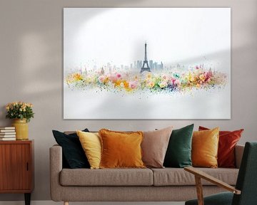 Minimalist artwork: Eiffel Tower with pastel floral explosion by Thea