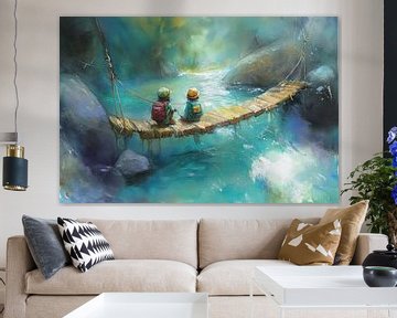 Schilderij met twee kinderen op een hangbrug in de natuur van Peter Pen tekeningen en schilderijen