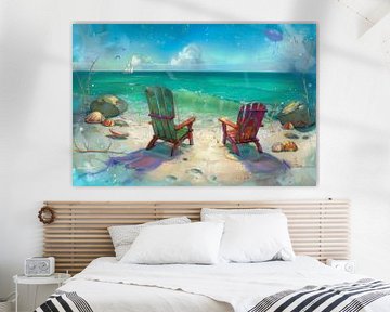 Kleurrijk schilderij met twee stoelen op het strand van Peter Pen tekeningen en schilderijen