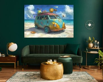 Schilderij met de legendarische hippie bus van Volkswagen van Peter Pen tekeningen en schilderijen