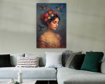 Schilderij van een vrouw met vogels en bloemen in het haar van Johannes