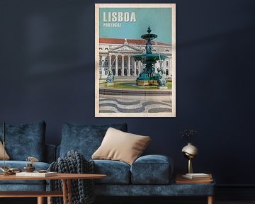 Lissabon, Portugal. Rossio Square Retro Vintage Travel Poster mit Brunnen und Dona Maria II Theater von SPJE ART