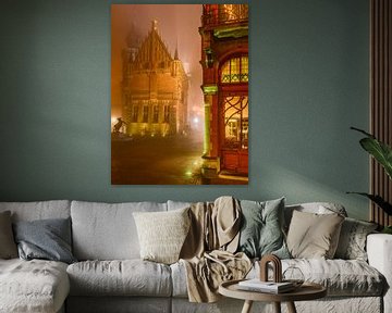 Old Town Hall and Art Nouveau shop in Kampen in the fog by Sjoerd van der Wal