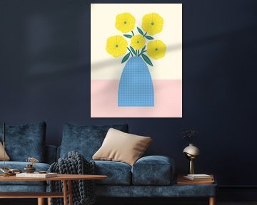 Gele bloemen in blauwe vaas van Melissa Donne