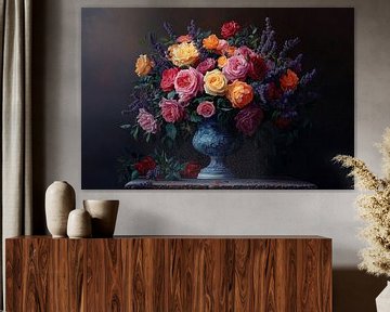 Barokke rozencompositie in een blauwe Delftse vaas van MArt
