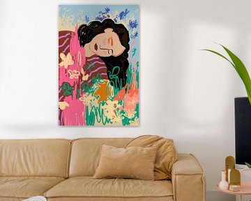 Expressieve figuur omringd door kleurrijke bloemen van Sandra Poliakov