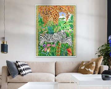 Giraffe en zebra's te midden van levendige flora en vogels van Isabelle Brent