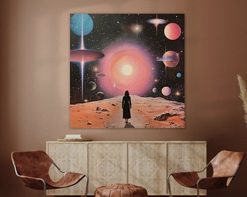 Een figuur staat onder een kosmische hemel van Samantha Hearn
