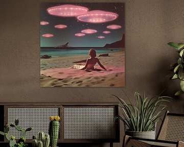 Buitenaards strand bij nacht collage kunst van Samantha Hearn