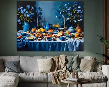 Tisch in kräftigem Blau mit Obst, Käse und Blumen – modernes Stillleben