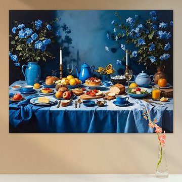 Table bleue lumineuse avec des fruits, du fromage et des fleurs - nature morte moderne et classique