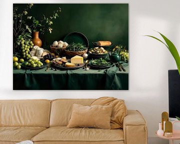 Groene tafel vol groenten, kaas en druiven – rustiek modern stilleven van Basahen