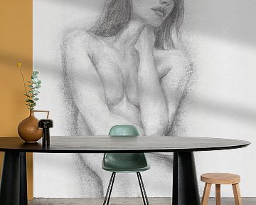Vrouw denkend naakt, schets, grijswaarden