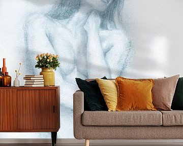 Vrouw denkend naakt, schets, lichtblauw