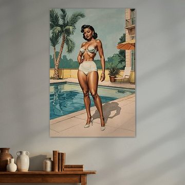 1950er Jahre Poolside Pin-Up, Retro Glamour Illustration der eleganten Frau im Badeanzug von Hecate Pim