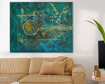 Abstract schilderij,  groen, blauw en goud, Texturen en Geometrie van Joriali Abstract