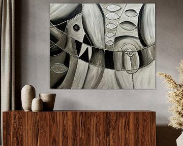Modern Abstract, Minimalisme, Zwart-Wit Mozaïek, met Zilveren Accenten-2 van Joriali Abstract
