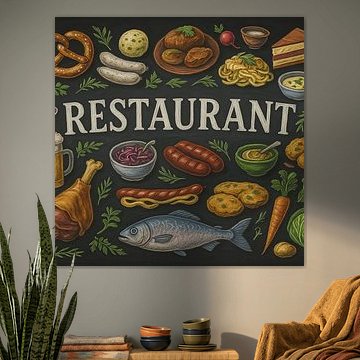 Illustration d'un tableau noir avec de la nourriture - Restaurant