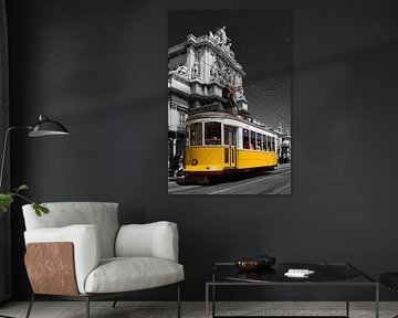 Lisbon, Portugal. Vibrant Classic Yellow Tram and Rua Augusta Street Monumental Arch. B/W Selective Color by SPJE ART