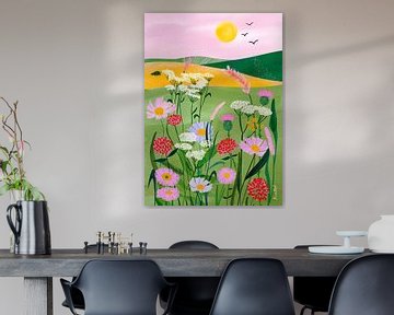 Geflapte bloemen met roze lucht landschap van Baroo Bloom