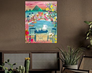 Griekse taverne met kat onder citroenboom van uta krogmann
