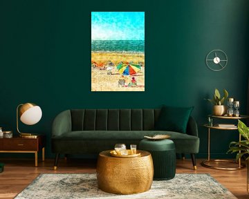 Prachtige strandgezichten in aquarel. Kleurrijke parasols, zonnebaders en rustig uitzicht op de oceaan op een zonnige dag van SPJE ART