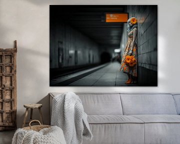 Waiting in Bloom - Portrait de mode surréaliste aux accents orange sur Karina Brouwer