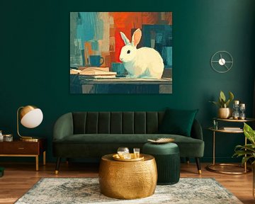 Konijn op Tafel van Abstract Schilderij