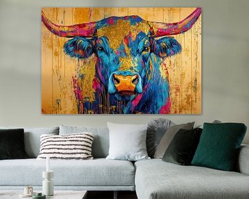 Tuin Koe Kleurrijk | Blauwe Koe met Gouden Accenten van Abstract Schilderij