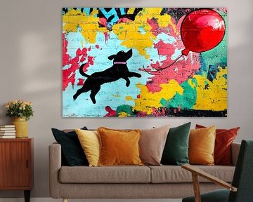 Speelse hond en rode ballon van Art & Soul Creations