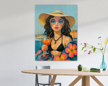 Mediterrane Muze - Kleurrijke Stijlvolle Vrouw met Cocktail Portret van Dagmar Pels