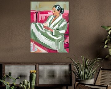 Schöne Frau auf rotem Sofa mit Wein van Ohkimiko
