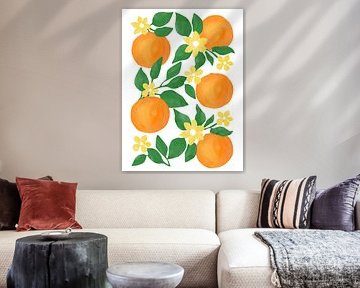 Oranges à feuilles vertes et à fleurs jaunes délicates sur Elena Ristova