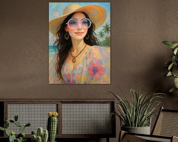Boho Beach Day - Dromerig kust portret van een vrouw aan zee van Dagmar Pels