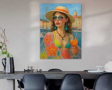 Zomerse glamour - Vrouw met cocktail in kustplaatsje van Dagmar Pels