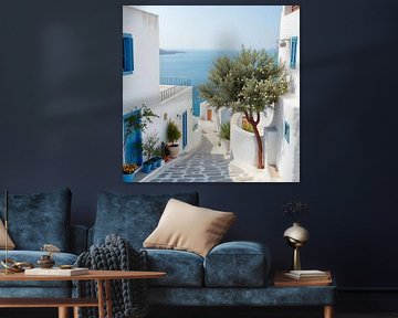 Authentieke huisjes in een steegje met zeezicht Griekenland.