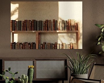 Antique bookcase with old books in the sunlight by Besa Art