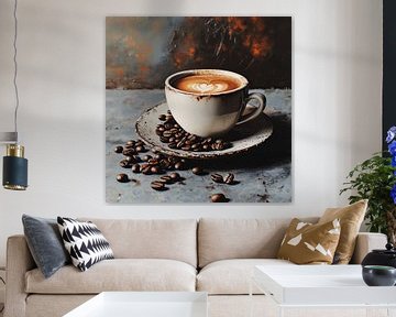 Sfeervolle wanddecoratie met kopje koffie – warme kunst voor restaurant of koffiebar van Mel Digital Art