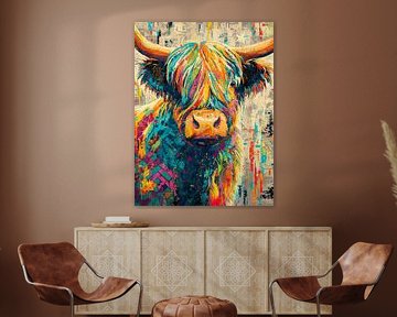 Koe Met Kleuren | Kleurrijke Koe van Abstract Schilderij