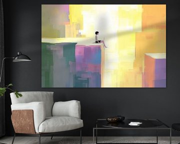 Meisje en Abstract | Zittend in Kleurrijke Abstractie van ARTEO Schilderijen
