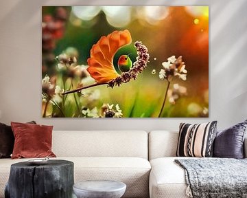 Vrolijke vogel tussen kleurrijke bloemen