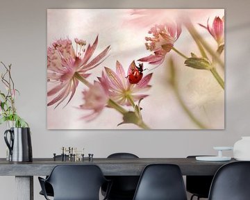 Coccinelle et fleurs roses sur Ellen van Deelen