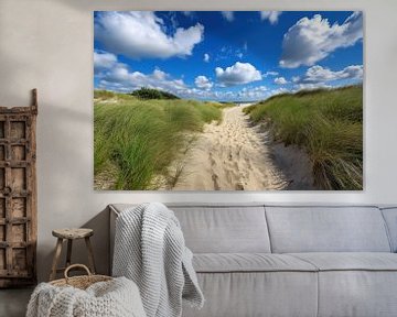Duinen in Netherland met helmgras en een zandweg. van Monique Leenaerts