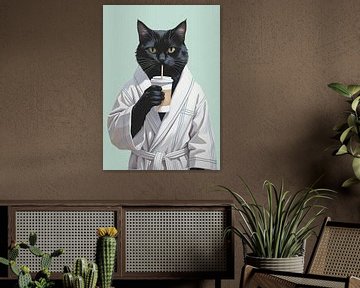Black cat in the morning with coffee-to-go