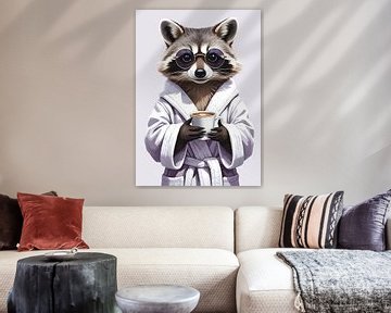 Raccoon in the morning with coffee cup