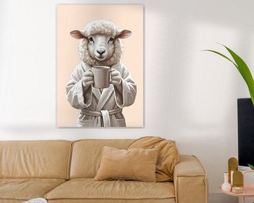 Sheep in the morning with coffee cup