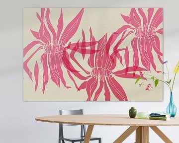 Minimalist botanical art in neon pink on white by Abstract Minimalist Art